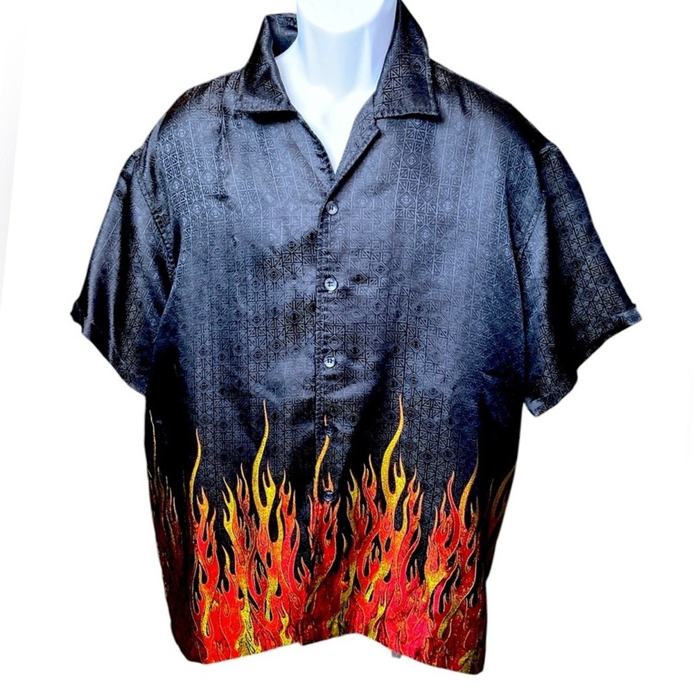 Men's Black Button-Down Shirt with Flame Print